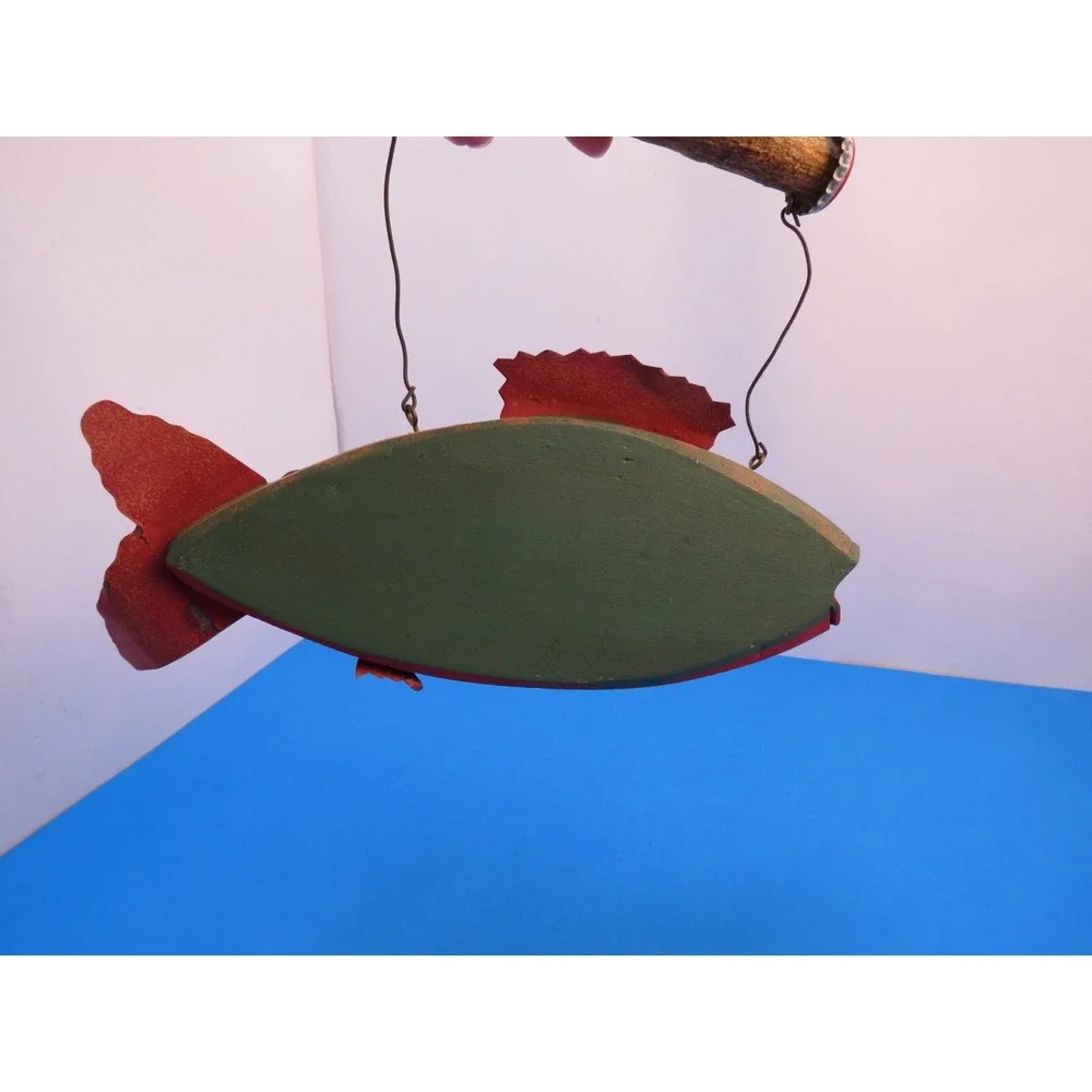 Vintage Hanging Wood Fish Bait Sign Beer Bottle Cap Folk Art